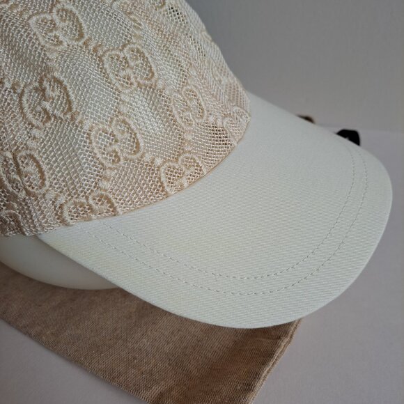 New Gucci Embroidered Mesh GG Monogram Cream Ivory Baseball Cap Size M main image 9